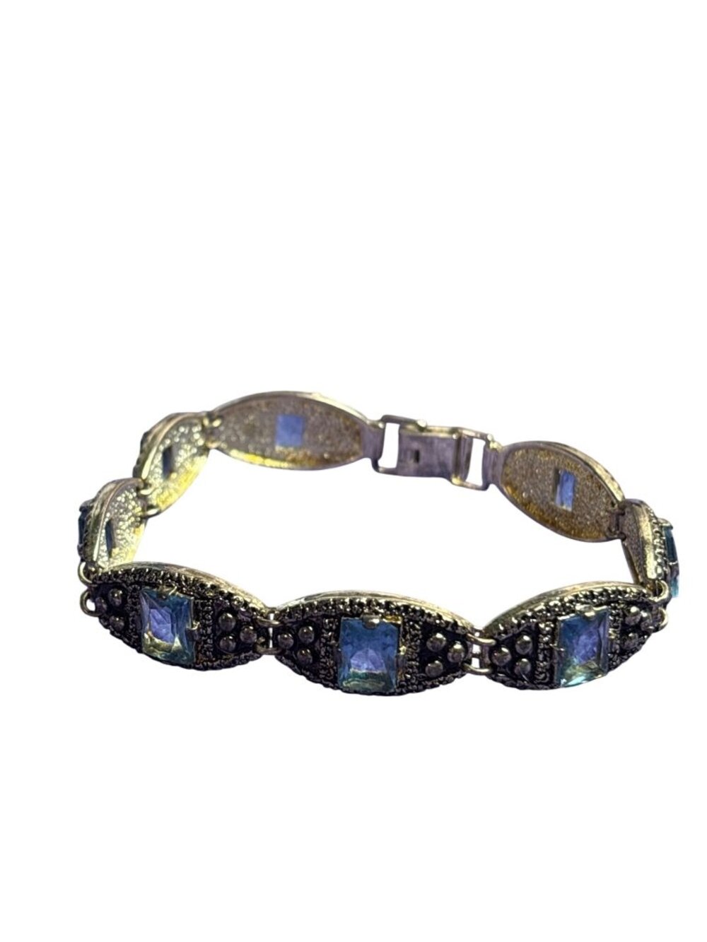 Blue Square Glass Rhinestone Silvertone Bracelet Fold Over Clasp 7.25 inches